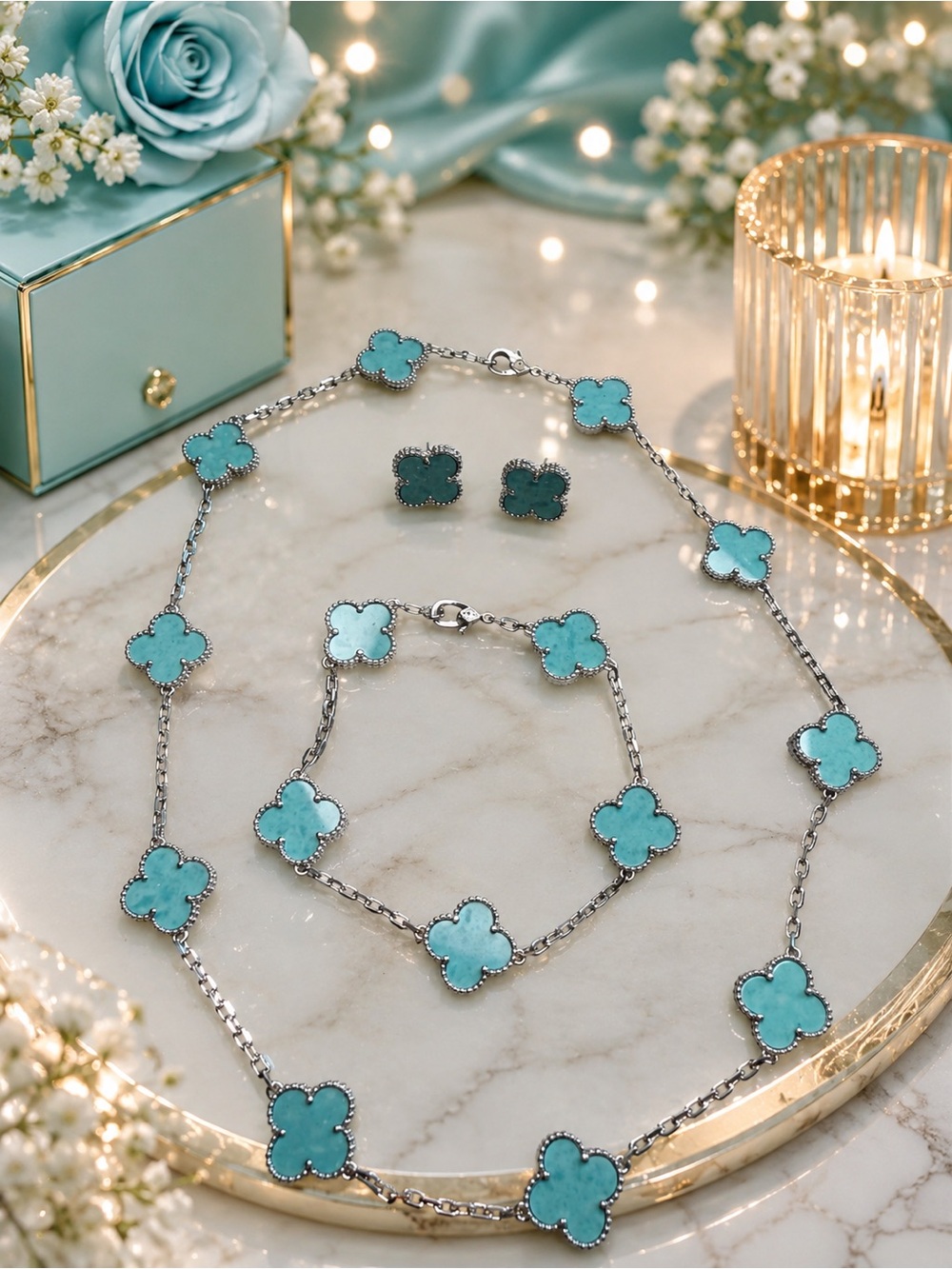 Turquoise Clover Station Jewelry Set | Necklace, Bracelet & Stud Earrings